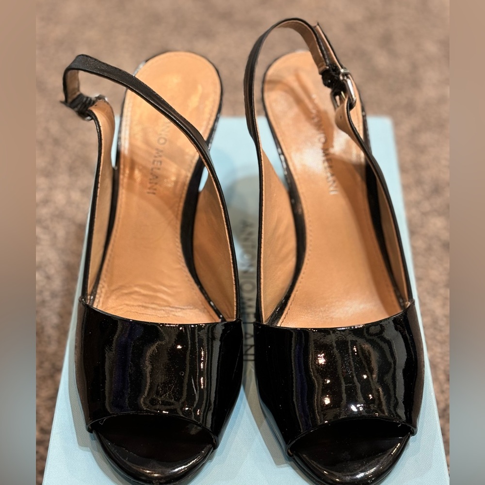 Antonio Melani patent and leather wedge